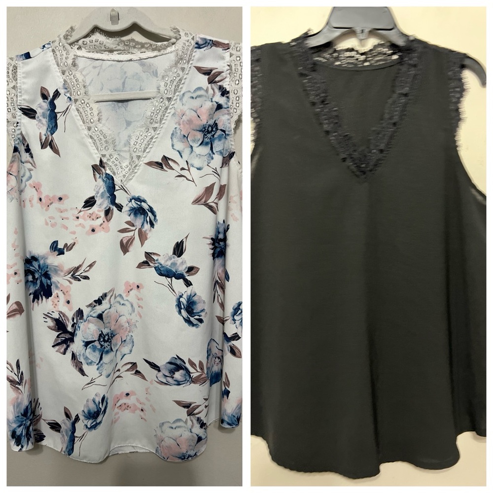 Lot of 2 Lace Trim Women's Blouse Romantic Floral & Whimsy Goth Black Workwear L